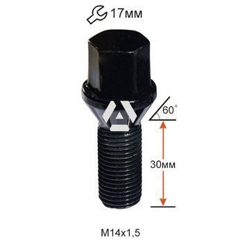 Болт колесный A174120 BK M14х1,5х30мм Конус Черный Ключ 17 (BMW, Volvo, Fiat, Citroen, Saab, Peugeot) Удлиненный A174120 BK фото