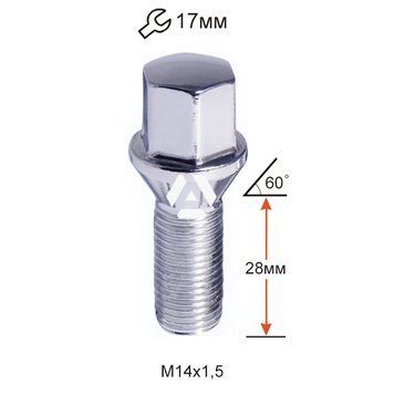 Болт колесный A174110 Cr M14х1,5х28мм Конус Хром Ключ 17 (Alfa Romeo, BMW, Fiat, Citroen, Saab, Peugeot, Renault, Volvo) A174110 фото