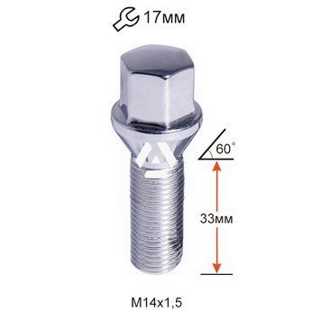 Болт колесный A174130 Cr M14х1,5х33мм Конус Хром Ключ 17 (BMW, Volvo, Fiat, Citroen, Saab, Peugeot) Удлиненный A174130 фото
