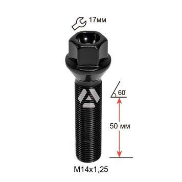 Болт колесный A177195 BK M14х1,25х50мм Конус (BMW, Mini) Черный Ключ 17мм Удлиненный A177195 BK фото